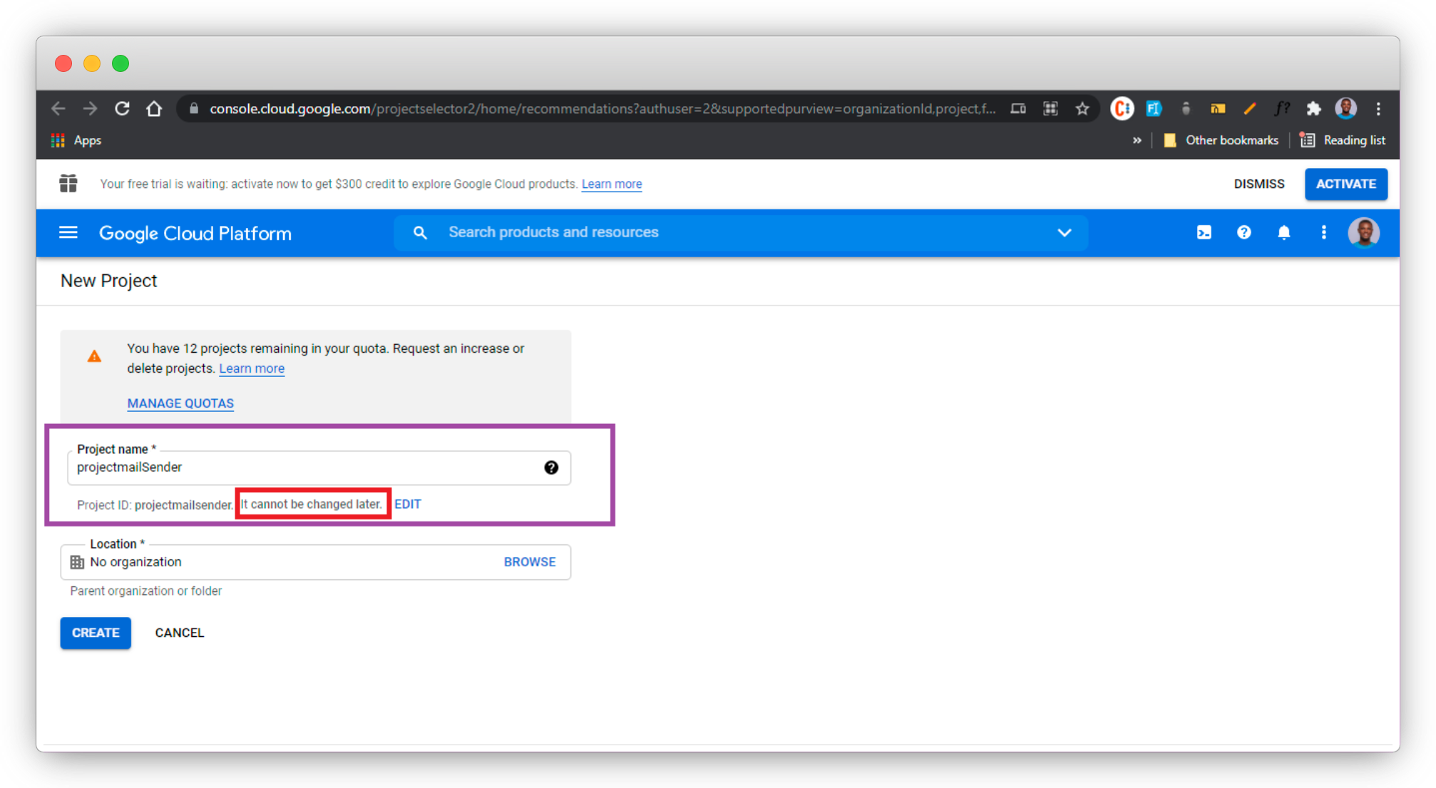 Fill in a name for your project input box circled