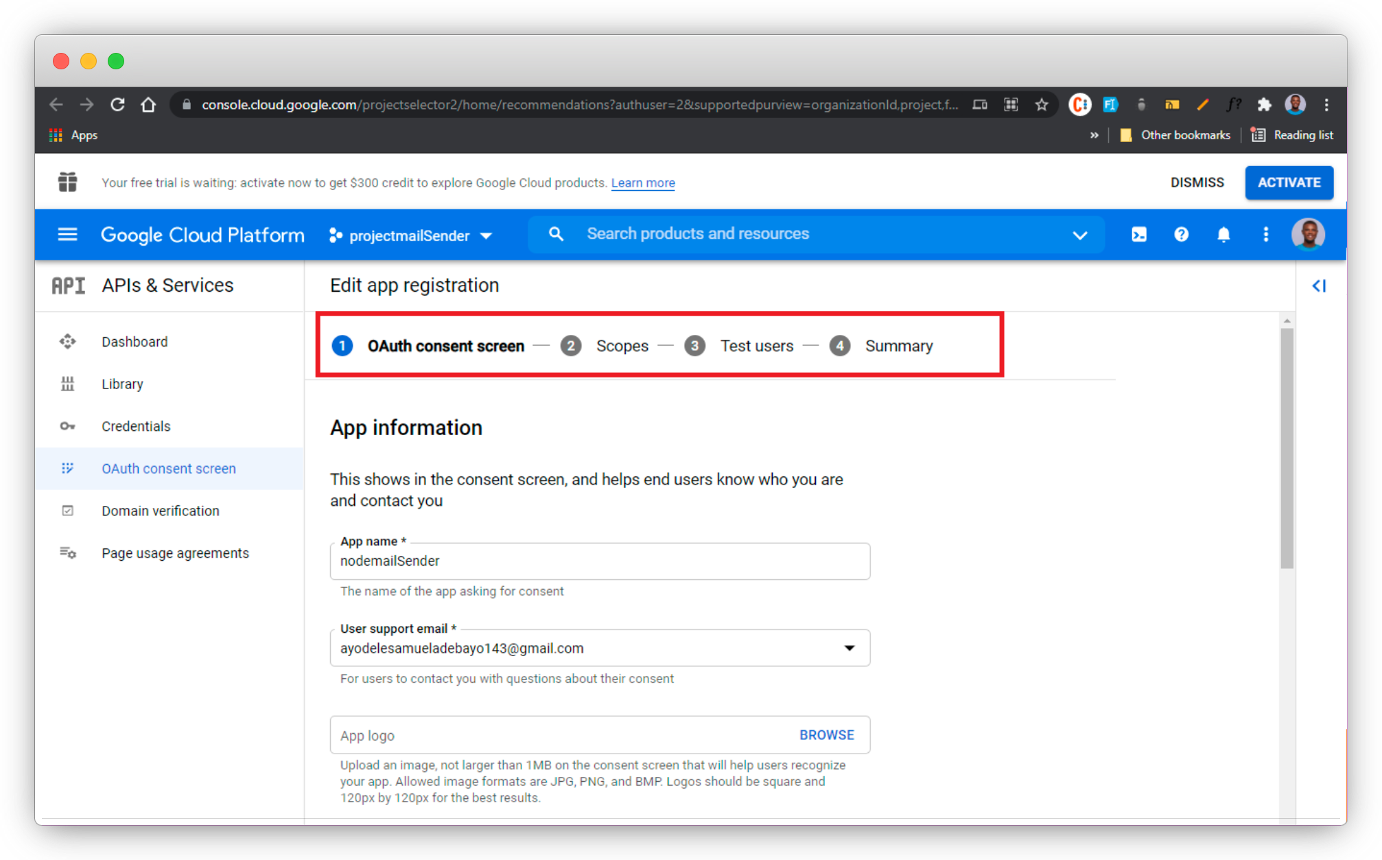 the OAuth consent Screen